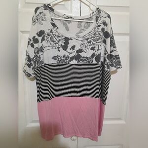 Honeyme Black Floral and Pink Striped Tee